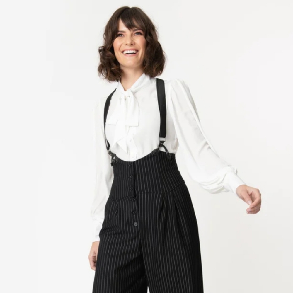 Unique Vintage Black & White Pin Stripe Thelma Suspender Pants